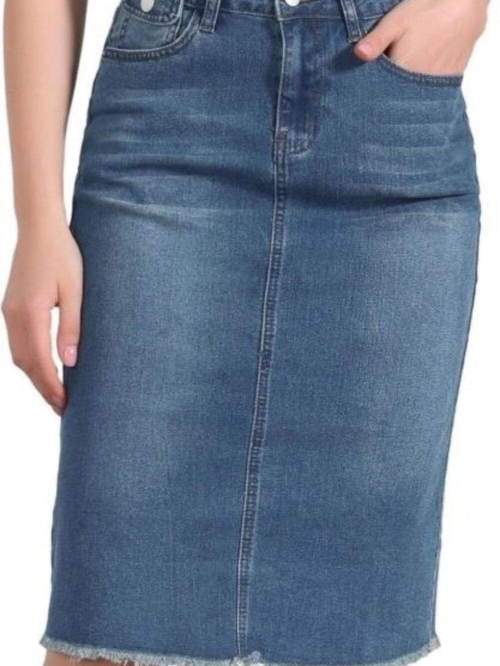 Allegra K Women's Casual Jean Skirt Back Slit Raw Hem Stretch High Waist Denim S